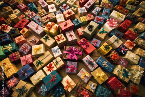 Gift boxes wrapped with bows, viewed from above. Generative ai.