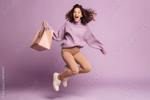 Woman jumping in air after shopping on plain pastel light purple background. Generative ai.