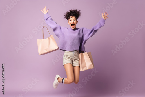Woman jumping in air after shopping on plain pastel light purple background. Generative ai.