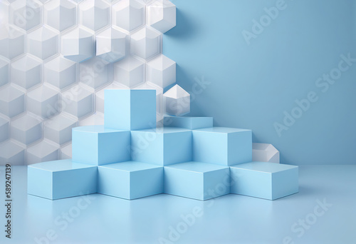 Pop art stage background pedestal podium product display to show product blue and white geometric background 3d. Generative AI