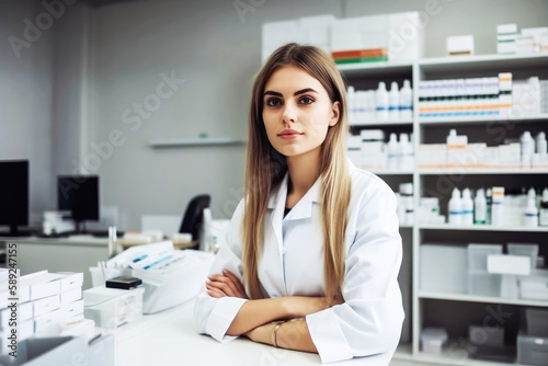 Attractive young female pharmacist working at desk, writing instructions. Generative ai.