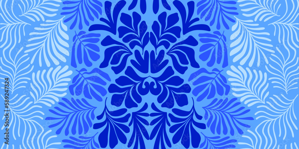 Blue gradient abstract background with tropical palm leaves in Matisse style. Vector seamless pattern with Scandinavian cut out elements.