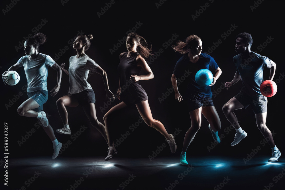 Creative collage of models on black background in mixed light. Generative ai.