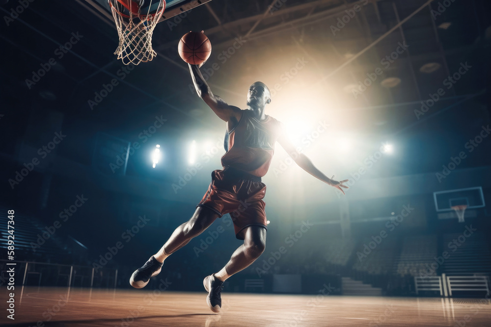 Basketball player on basketball court in action. Slam dunk. Generative ai.