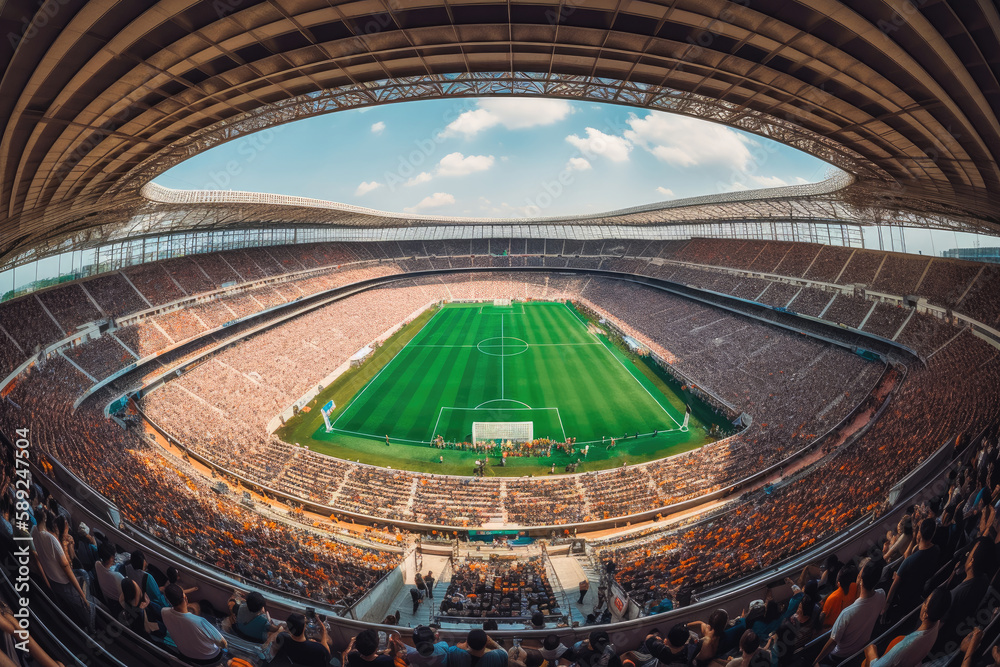 Crowded football stadium, wide angle view from top seats. Generative ai.