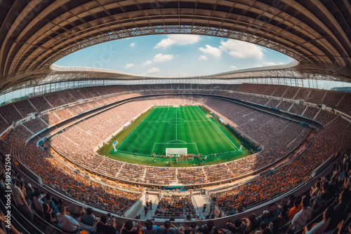 Crowded football stadium, wide angle view from top seats. Generative ai.