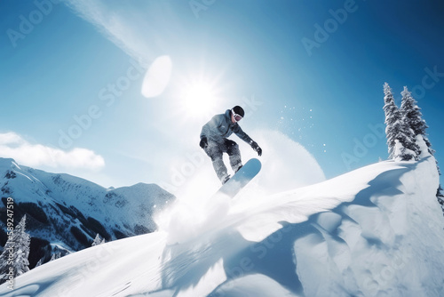 Snowboarder at jump in high mountains. Blue sky. Generative ai.