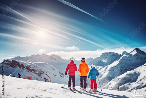 Skiing, panorama - family enjoying winter vacation. Generative ai.