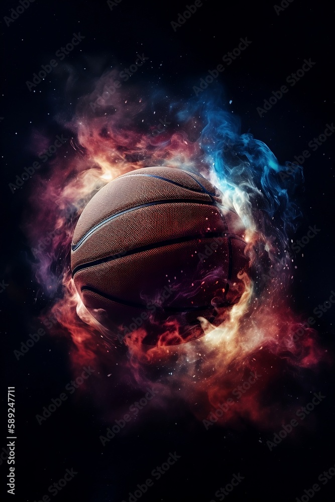 Basketball color splashed. Generative AI. Basketball color splashed. Generative AI.