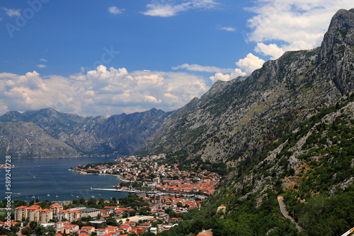 high mountains in Montenegro. Beautiful Kotor Bay, old city Kotor in summer. Full top view boka kotorska, Montenegro