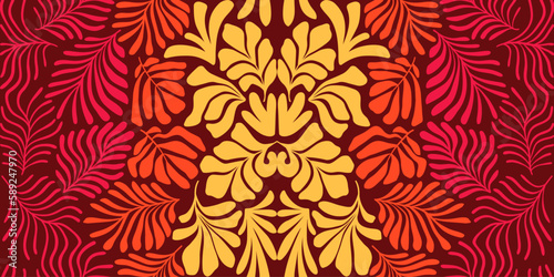 Red yellow abstract background with tropical palm leaves in Matisse style. Vector seamless pattern with Scandinavian cut out elements.