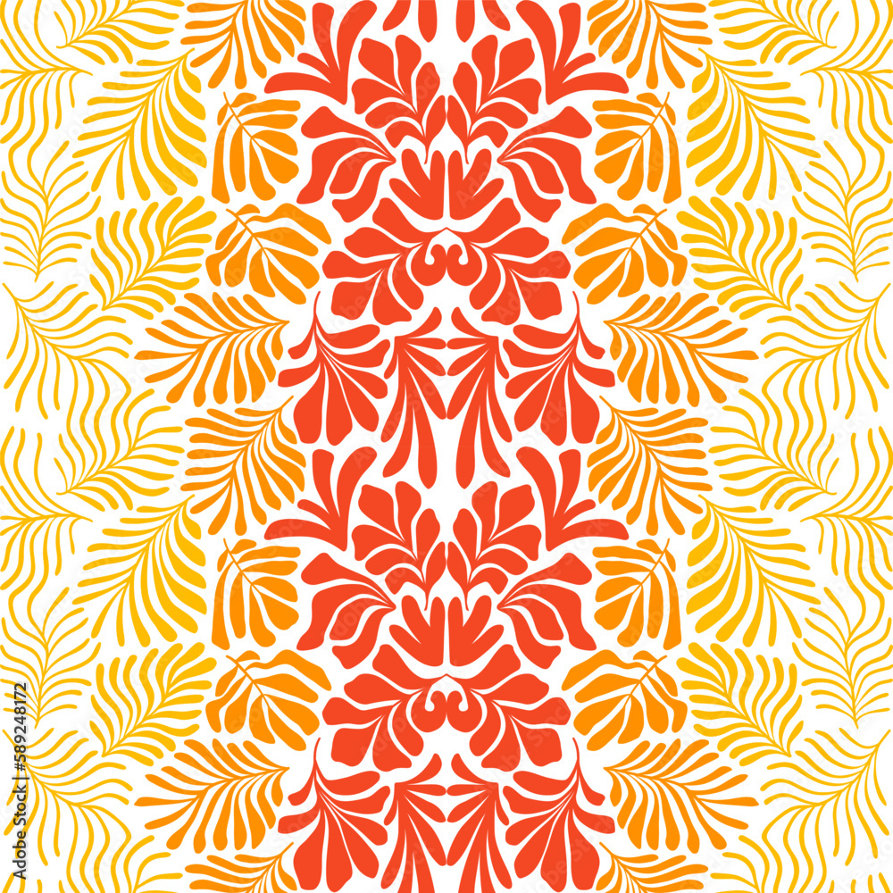 Orange yellow abstract background with tropical palm leaves in Matisse style. Vector seamless pattern with Scandinavian cut out elements.