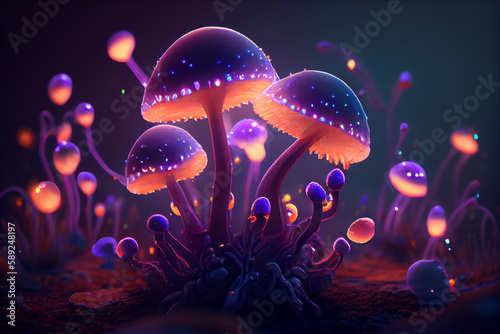 Psilocybin mushrooms, generative ai illustration. Commonly known as magic mushrooms, a group of fungi that contain psilocybin photo