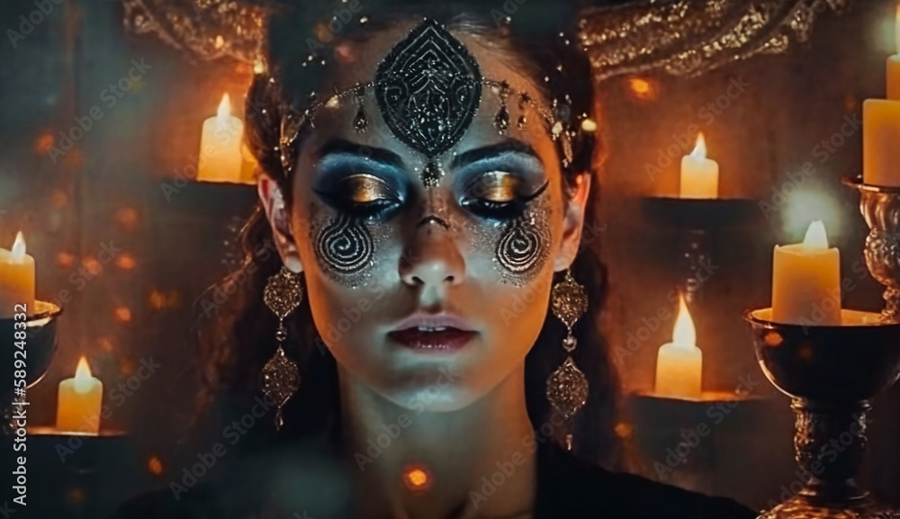 A Woman with beautiful make up and magical symbols. Esoteric background. Generative AI.