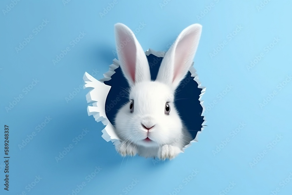 Bunny peeking out of a hole in blue wall, fluffy eared bunny easter bunny banner. Generative AI.