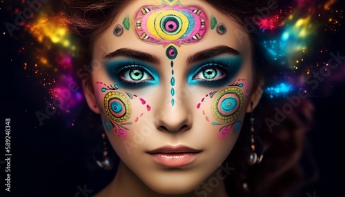 Beautiful woman with big eyes and magical symbols. Generative AI. © Milito