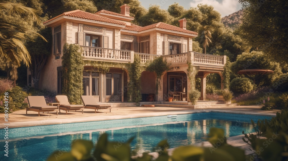modern classic style villa with a swimming pool in front, on a sunny summer day - Ai generative