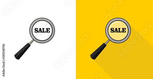 Vector illustration of Magnifying glass showing sale or Sales data search. Business research icon.
