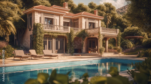 modern classic style villa with a swimming pool in front, on a sunny summer day - Ai generative