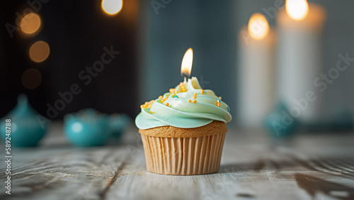 Birthday cupcake with a candle on a light grey table against blurred lights. Space for text