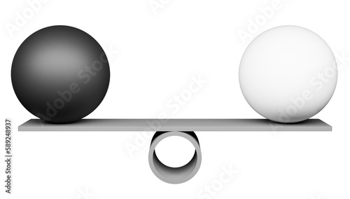 Finding balance, equality or stability concept with libra, scale, black and white balls or globes, isolated cut out 3D rendering illustration 
