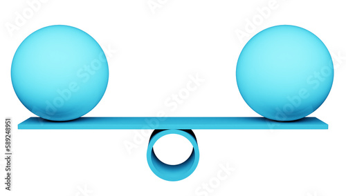 Finding balance, equality or stability concept with libra, scale, blue balls or globes, isolated cut out 3D rendering illustration 