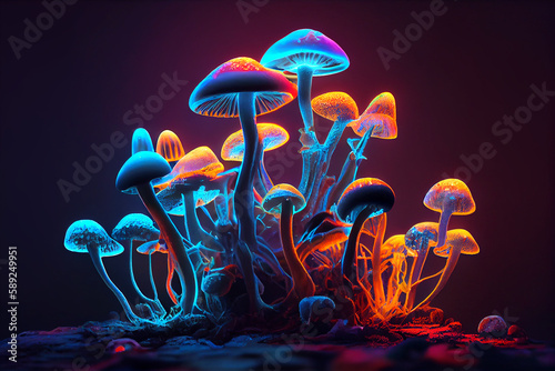 Psilocybin mushrooms, generative ai illustration. Commonly known as magic mushrooms, a group of fungi that contain psilocybin photo