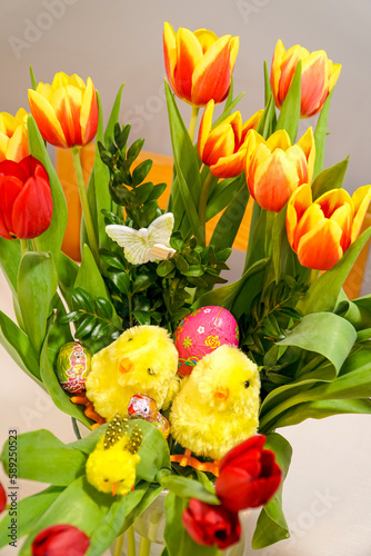 Święta, Wielkanoc, pisanka , zając , króliczek , wiosna, kwiaty , Żonkile, jajka, tulipany, kwiaty, bukszpan
