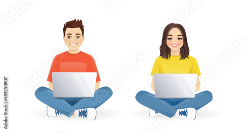 Young man and woman using laptop computer sitting with crossed legs set. Isolated vector illustration