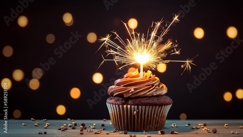 Chocolate Cupcake With Sparkler And Bokeh Lights, Space for text