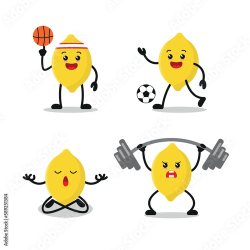 cute yellow lemon athlete exercise different sport activity vector illustration.