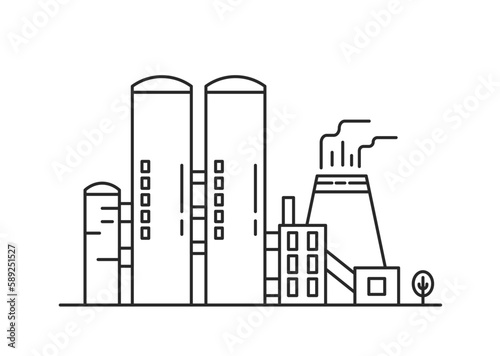 Refinery power station. Industrial factory building  plant architecture vector outline illustration