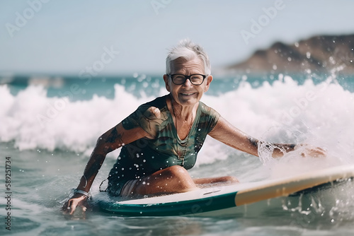 Senior woman surfing on wave, elderly female athlete ride on board smiling wearing glasses, generative ai © 1by1step