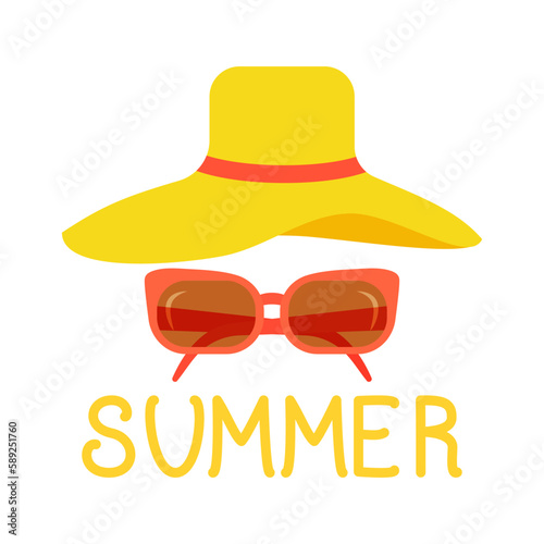 Vector illustration. Summer - hand lettering design. The inscription on a white background with a beach hat and sunglasses.