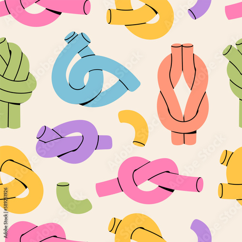 Set of various Knots. Different curved pieces. Twisted, knotted rope, cord, cable, noodle or plasticine in various positions. Hand drawn colorful Vector illustration. Square seamless Pattern
