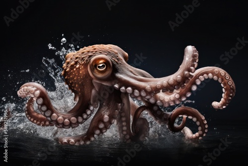 octopus in sea with splash effect isolated on dark background