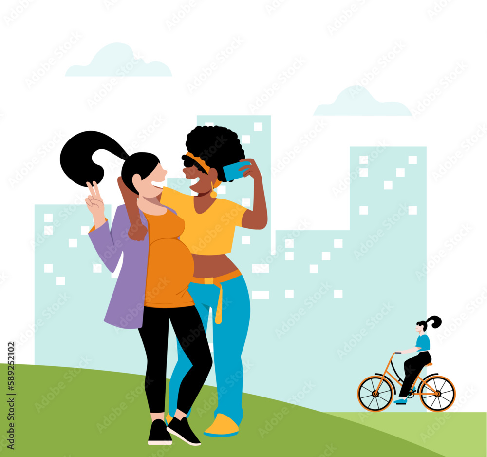 inclusive daily life - vector illustration of a pregnant lesbian couple lovingly embracing and taking a selfie in the park with city skyline in the background