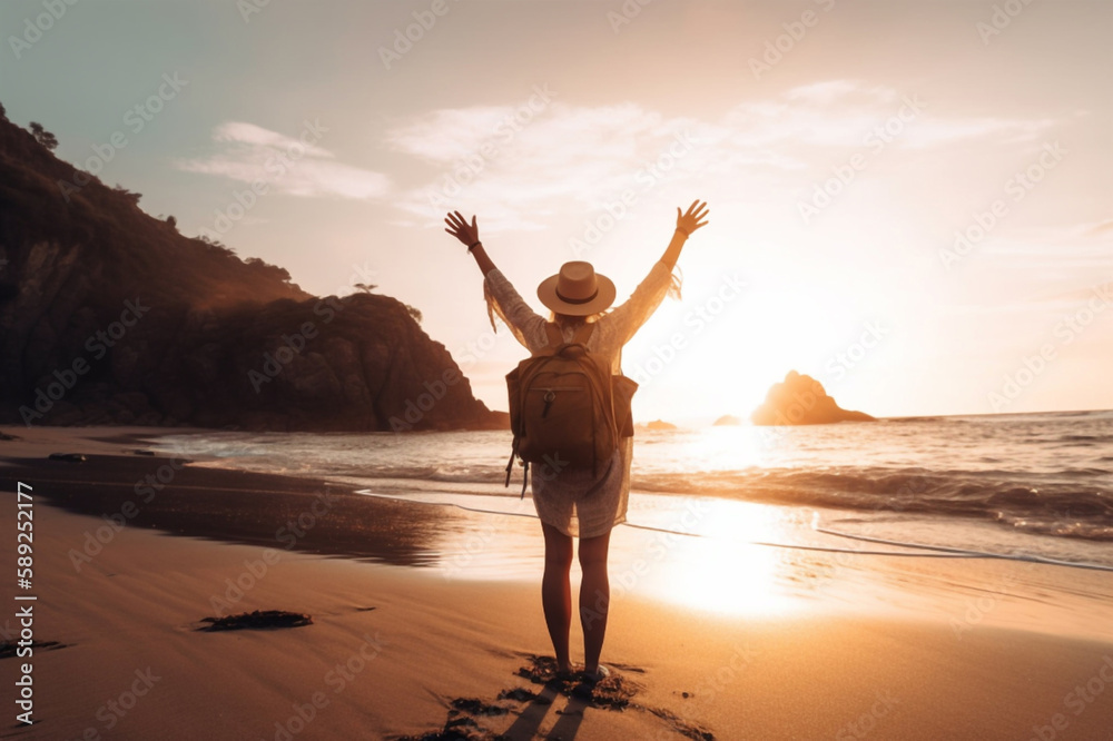 Fototapeta premium Happy woman with arms up enjoying freedom at the beach at sunset. Wellness, success, freedom and travel, Generative AI