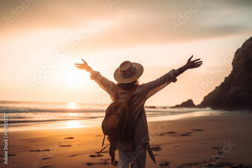 Happy woman with arms up enjoying freedom at the beach at sunset. Wellness, success, freedom and travel, Generative AI