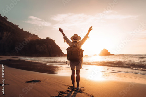 Happy woman with arms up enjoying freedom at the beach at sunset. Wellness  success  freedom and travel  Generative AI