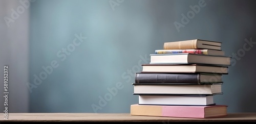 Learning and Knowledge. Books on Table with Bookshelf Background and Copy Space