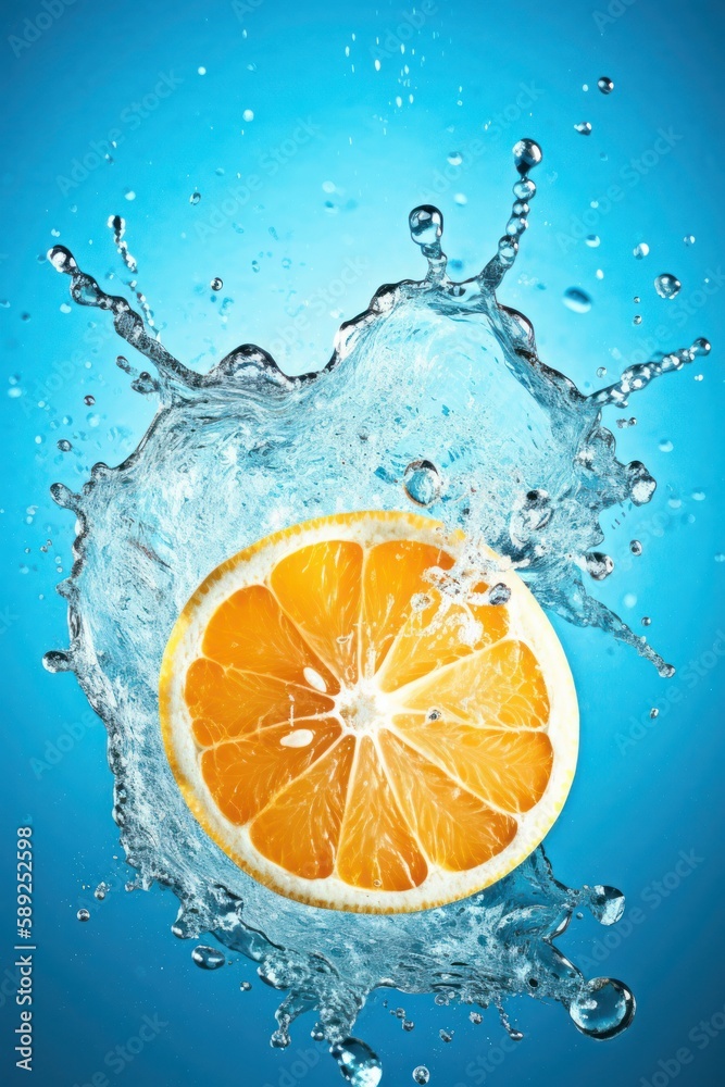 orange in water splash effect, blue background isolated studio lights orange in water splash effect, blue background isolated studio lights