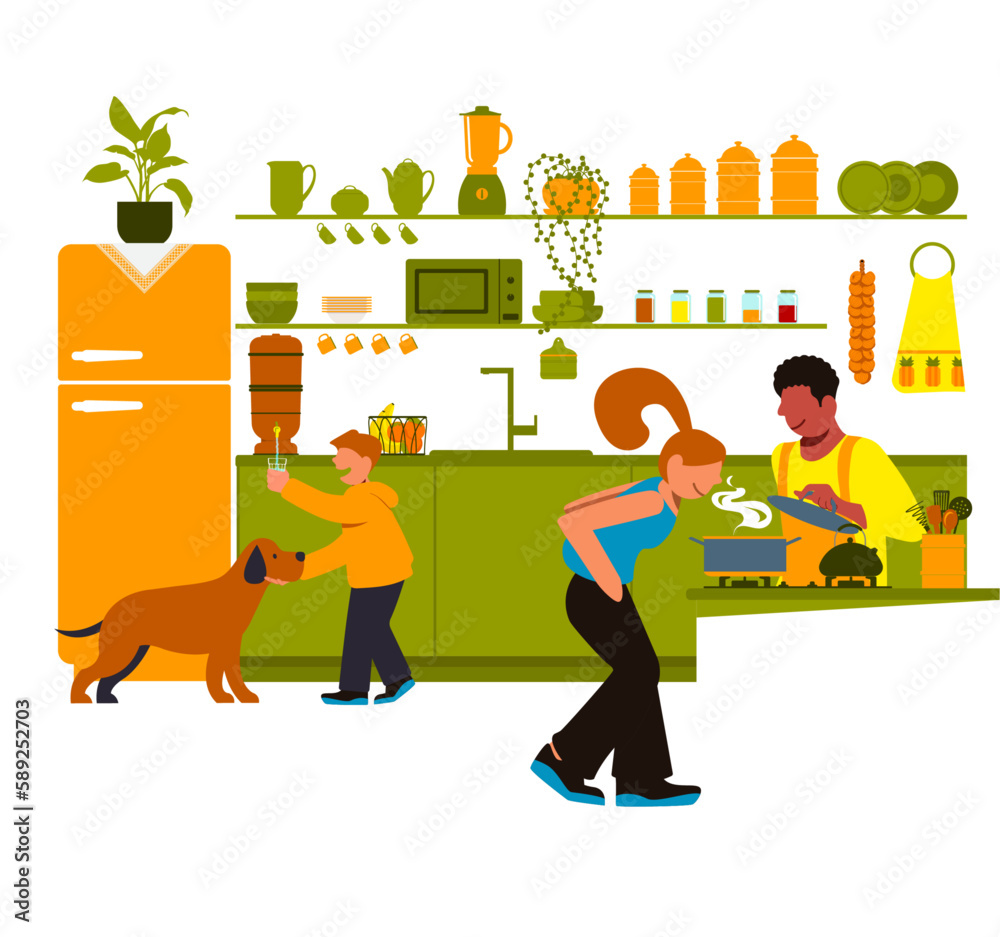 Vetor de família feliz cozinhando juntos na cozinha de casa
