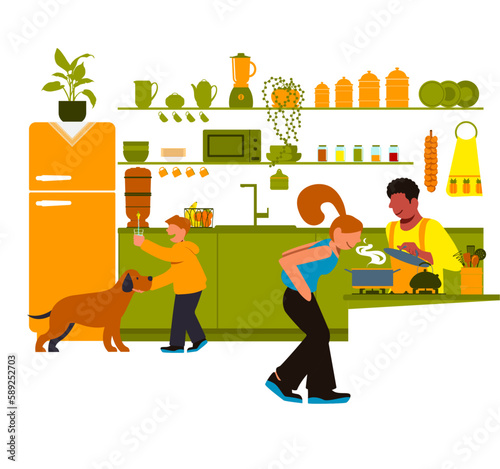 Vetor de família feliz cozinhando juntos na cozinha de casa