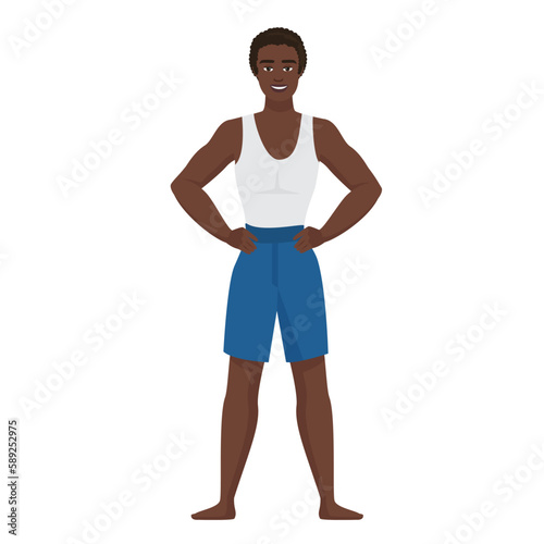 Sport male trainer with hand on hips. Confident gym workout coach vector cartoon illustration