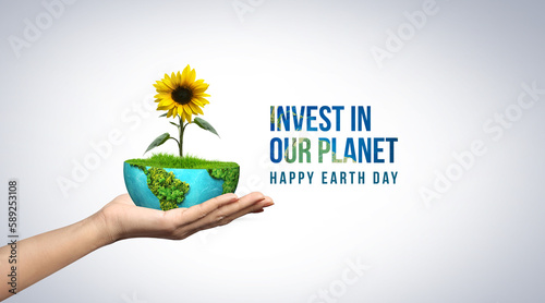 Save our planet. Earth day 3d concept background. Ecology concept. Design with 3d globe map drawing and leaves isolated on white background. 