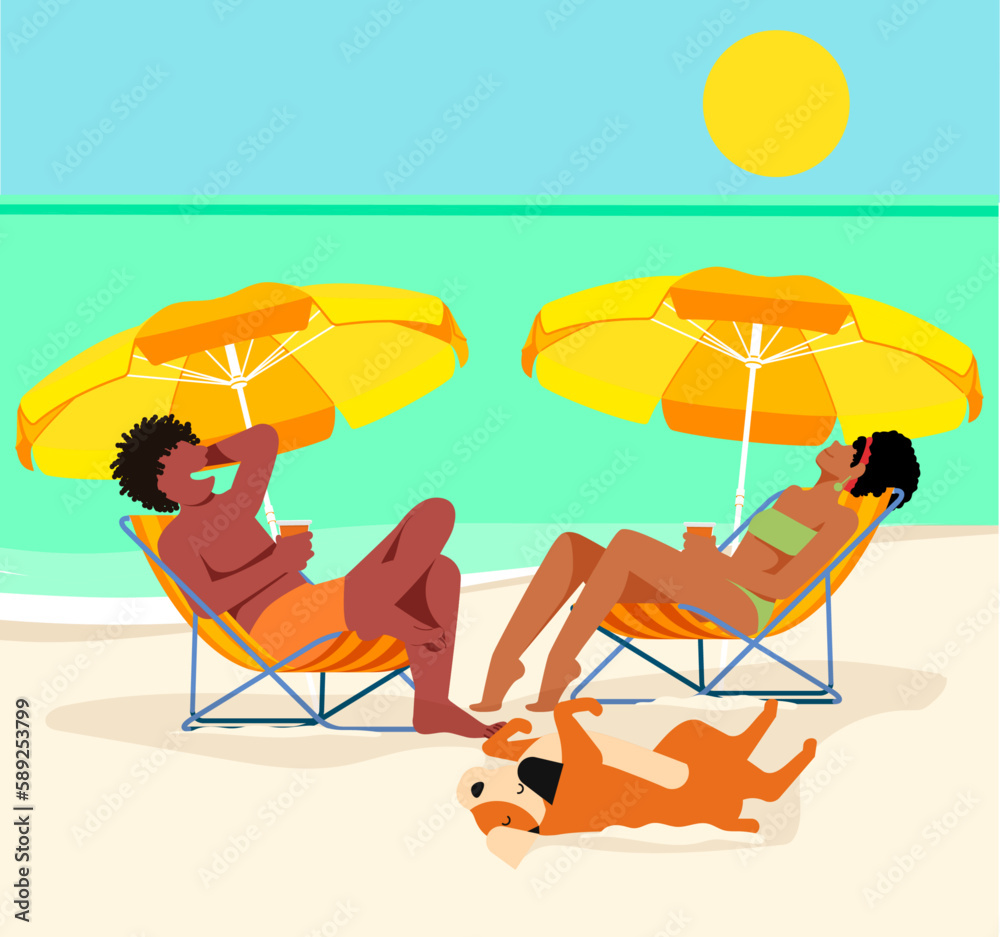 inclusive daily life - Illustration vector of a Latin couple sunbathing on the beach with their dog