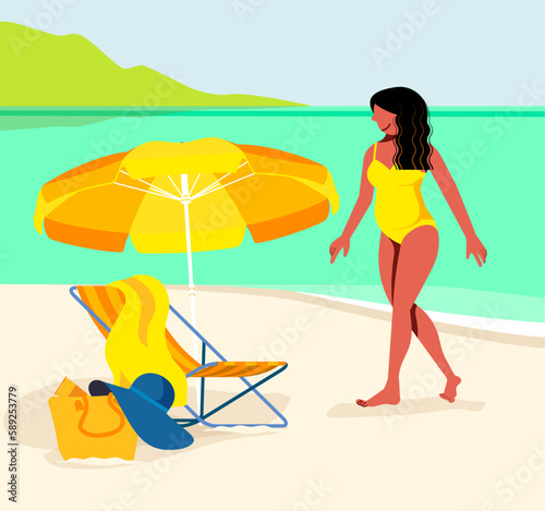 inclusive daily life - vector illustration os a latina woman sunbathing at the beach on a beautiful summer day