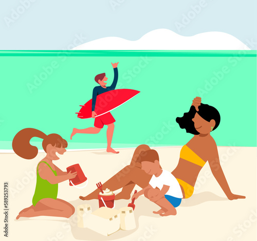 inclusive daily life - Latino Family playing on the beach sand on the Mother's Day