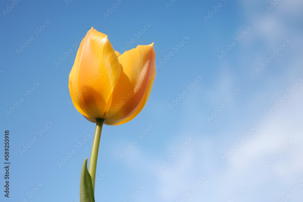 Single flower in the soft blue sky. Generative ai. Single flower in the soft blue sky. Generative ai.